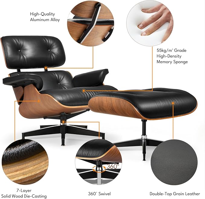 Top Black Grain Leather, Mid Century Chaise Lounge Chair and Ottoman, Modern Chair Classic Design, Heavy Duty Base Support for Living Room Study Lounge Office, Walnut