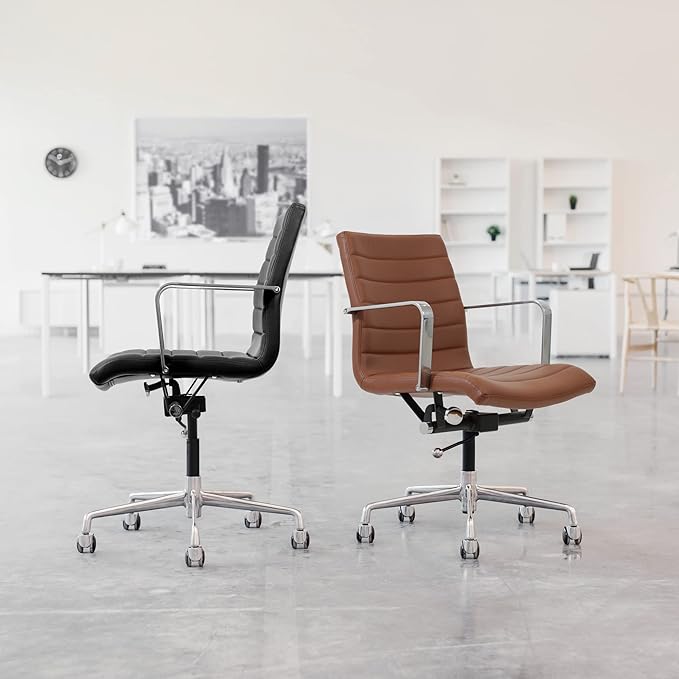 Laura Davidson Furniture SOHO II Ribbed Office Chair - Mid Back Desk Chair, Ergonomically Designed with Arm Rest & Swivel, Made of Faux Leather, Dark Brown, Computer Chair