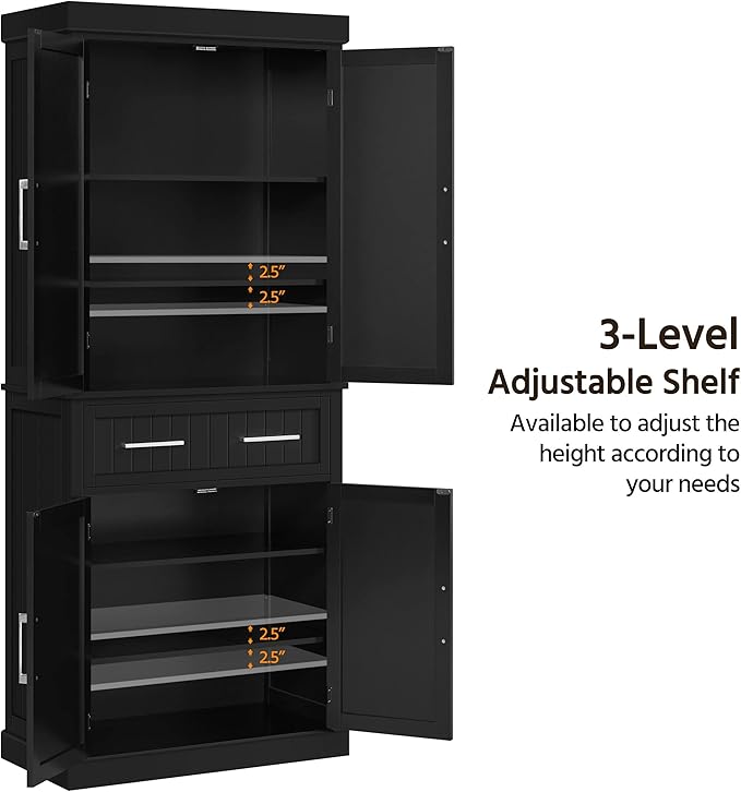 Yaheetech Kitchen Pantry Storage Cabinet with Drawer, Freestanding Pantry Cabinets with 2 Adjustable Shelves, 72.5" Tall Storage Cupboard for Kitchen/Dining Room/Bathroom/Hallway, Black