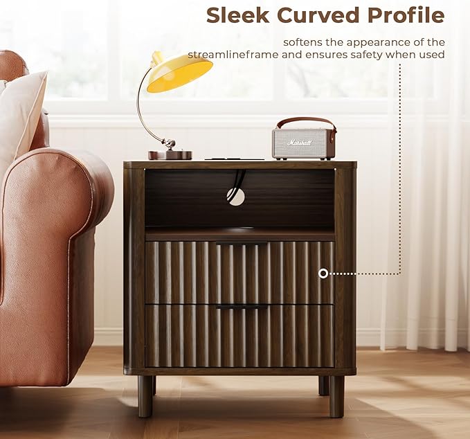 Fluted Nightstand Set of 2, 2 Drawers Storage Bedside Table with Charging Station, Wood Modern Nightstand with Open Shelf, Curved Profile Design, End Table for Indoor Room Bedroom, Walnut
