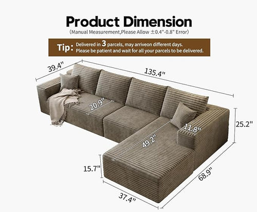 135.4" Cloud Sectional Couch with L-Shape Chaise,Modern Modular Sofa with Deep Seat, Upholstered Couches for Living Room Bedroom Apartments,No Assembly Required, (Camel,Right Facing Chaise)
