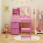 HONEY JOY Kids Vanity, Little Girls Vanity Set with Mirror and Stool and Lights, Wooden Princess Makeup Dressing Table, Storage Box & Shelf, Pretend Play Kids Vanity Table and Chair Set(Pink)