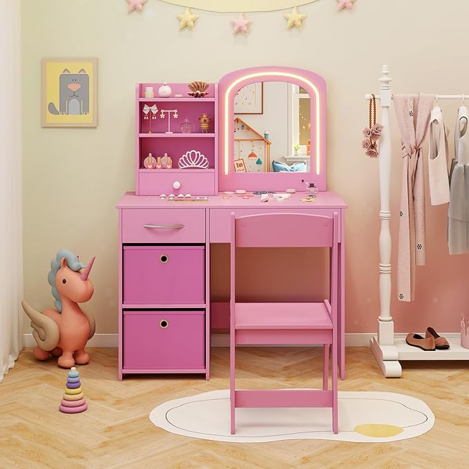 HONEY JOY Kids Vanity, Little Girls Vanity Set with Mirror and Stool and Lights, Wooden Princess Makeup Dressing Table, Storage Box & Shelf, Pretend Play Kids Vanity Table and Chair Set(Pink)