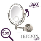 JERDON Two-Sided Wall-Mounted Makeup Mirror with Lights - Lighted Makeup Mirror with 10X Magnification & Wall-Mount Arm - Oval Mirror with Nickel Finish Wall Mount - Direct Wire - Model HL9515NLD