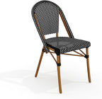 Martha Stewart Lily Pond Indoor-Outdoor Stackable Aluminum Bistro Chair with Natural Woodgrain Frame Finish and Black/White Woven Rattan Backrest and Seat