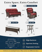 HILLGA Luxury Patio Furniture Set with 6-Inch Thick Cushions, High Back Outdoor Swivel Rocker Chairs and Patio Couch, 6-Piece All Weather Conversation Set for Porch Deck Pool Yard, Burgundy (V3)