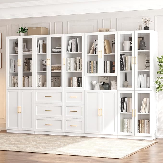 VOWNER Bookcase with Glass Doors & Drawers, 5 Tier Bookshelf with Adjustable Shelf, Modern Large Storage Display Cabinet Set for Home Office, Living Room, White (CDDC)