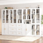 VOWNER Bookcase with Glass Doors & Drawers, 5 Tier Bookshelf with Adjustable Shelf, Modern Large Storage Display Cabinet Set for Home Office, Living Room, White (CDDC)