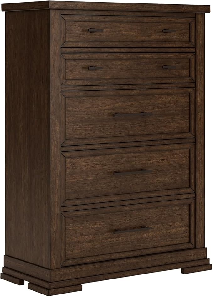 Signature Design by Ashley Taffenbrook Farmhouse 5-Drawer Chest with Felt-Lined Top Drawer and Easy Glide for Bedroom, Dark Brown