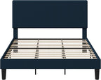 Allewie King Size Upholstered Bed Frame with Vertical Channel Tufted Headboard, Soft Corduroy Fabric Platform Bed, Strong Wooden Slats Support, Easy Assembly, No Box Spring Needed, Dark Blue