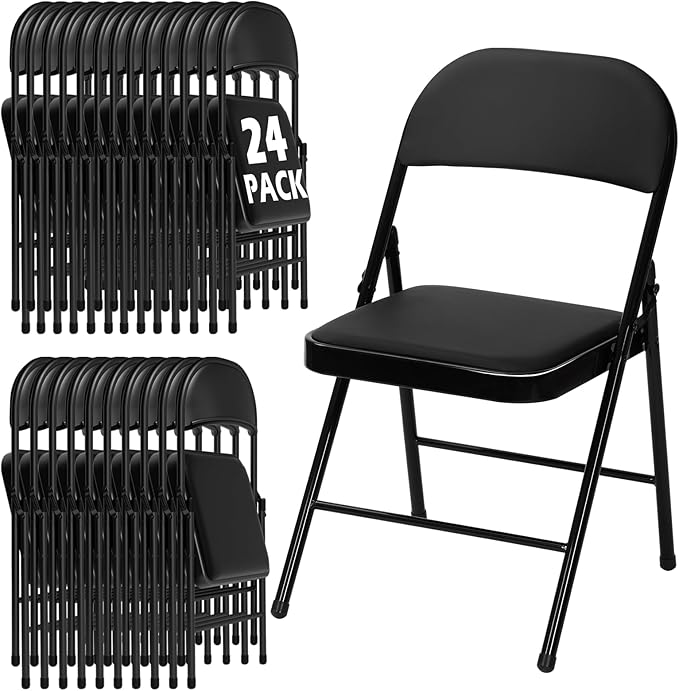 24 Pack Black Folding Chairs with Padded Cushion for Outside, Portable Stackable Commercial Metal Foldable Chairs with Steel Frame for Home Events Office Wedding Party, 350lbs Capacity