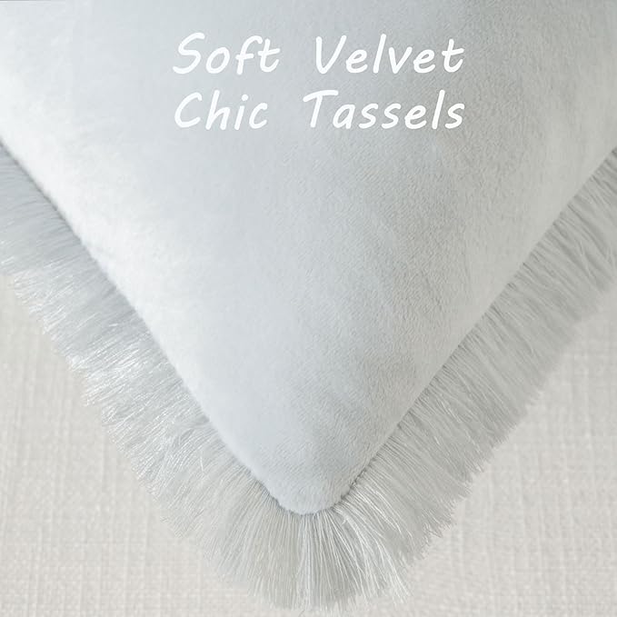 FUTEI Light Blue Velvet Decorative Throw Pillow Covers 12x20 Set of 2,Soft Cozy Edge with Tassels Lumbar Pillow Cases,Boho Modern Home Decor for Couch Bed Living Room