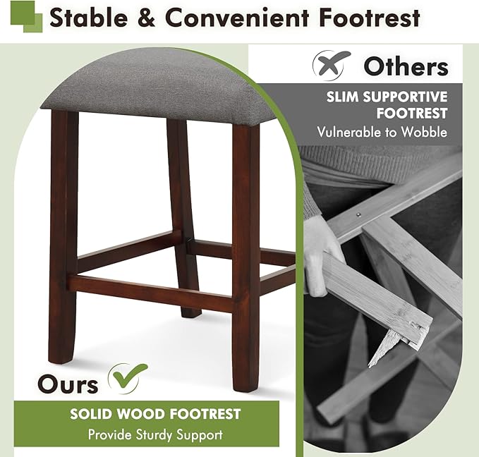 COSTWAY Bar Stools Set of 2, Linen 24.5 Inch Counter Height Chairs with Hollowed Backs, Rubber Wood Legs, Upholstered Barstools for Kitchen Island Home Bar Pub Dining Room, Grey