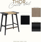 Thor Wicker Premium Solid Wood Counter Stool 24", Set of 2, Backless Counter Height Seating with Hand-Knitted Rope, Eco-Friendly Modern Design (Midnight Charcoal)