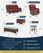 HILLGA Luxury Patio Furniture Set with 6-inch Thick Cushion, Outdoor Couch and High Back Swivel Rocker Patio Chairs, 8PCS Wicker Conversation Set for Deck Yard and Poolside, Burgundy (V2)