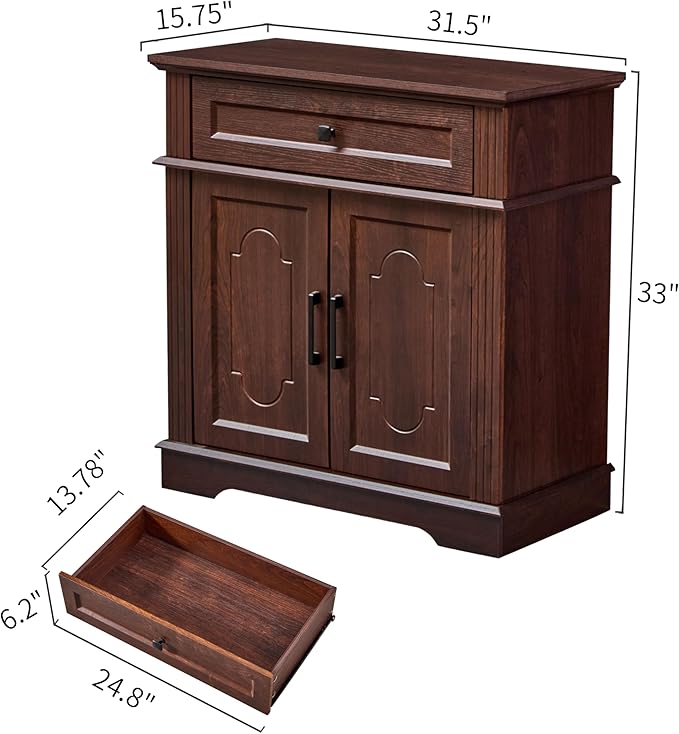 Farmhouse Storage Cabinet with 2 Doors and 1 Drawer, Adjustable Shelf, Freestanding Kitchen Pantry Cabinet, Modern Buffet Sideboard Coffee Bar Cabinet Living Room Bathroom Dining Room Cherry