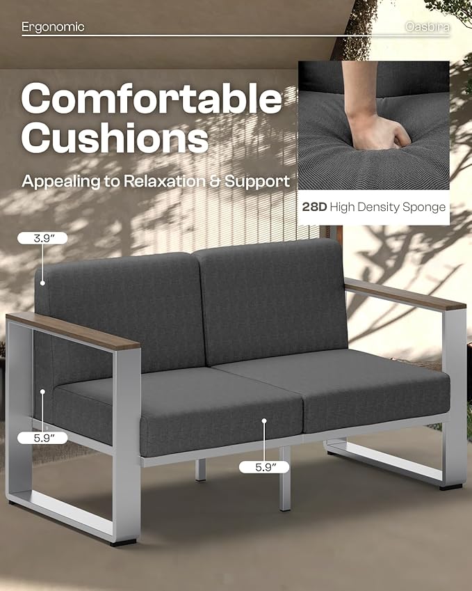 Aluminum Patio Furniture Set, 5 Seats Outdoor Patio Conversation Sets with Ergonomic Seat and Wide Washable Thick Cushions, Modern Outdoor Sectional Furniture for Balcony, Porch (Charocal)