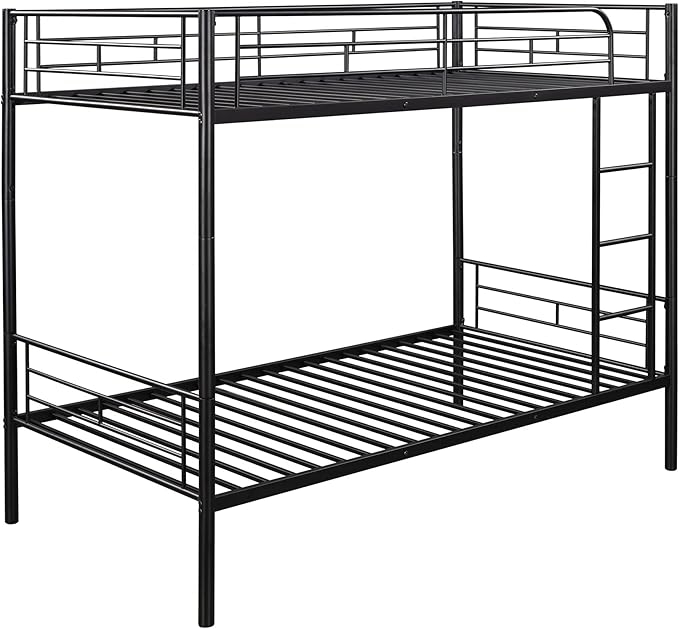 Merax Bunk Bed with Ladder and high Guardrail, Able to Split, Metal Bunk Bed, Storage Space, Noise Free,Twin Over Twin Size,Black