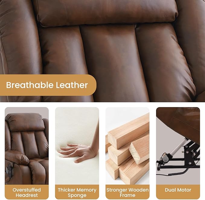 TEKAMON Power Lift Recliner Chair for Elderly with Heat & Massage, Dual Motor Breathable Leather Recliner, Lay Flat Sleeping Chairs with Infinite Position, Remote Control & USB Ports(Ochre, Extended)