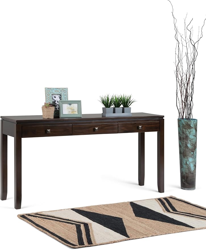 SIMPLIHOME Cosmopolitan Console Table - 60 Inch Wide Solid Wood Sofa Table in Mahogany Brown, Contemporary Storage Table for Entryway or Living Room with 3 Drawers, Square-Edged Top, and Tapered Legs