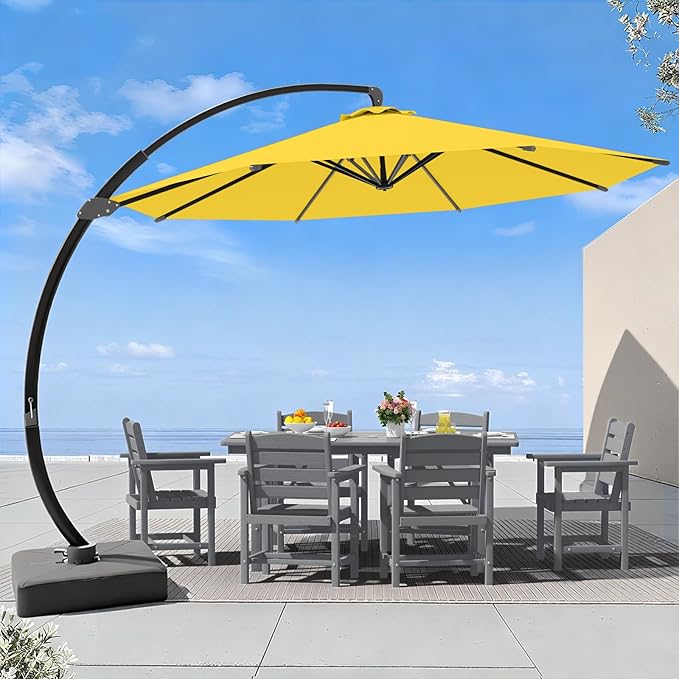 7 Piece Patio Dining Set with 11ft Patio Umbrella (Yellow), 7 Gray Outdoor HDPE Dining Set with 6 Chairs + 1 Large Table with 2" Umbrella Hole, for Market, Pool, Garden, Backyard, Deck
