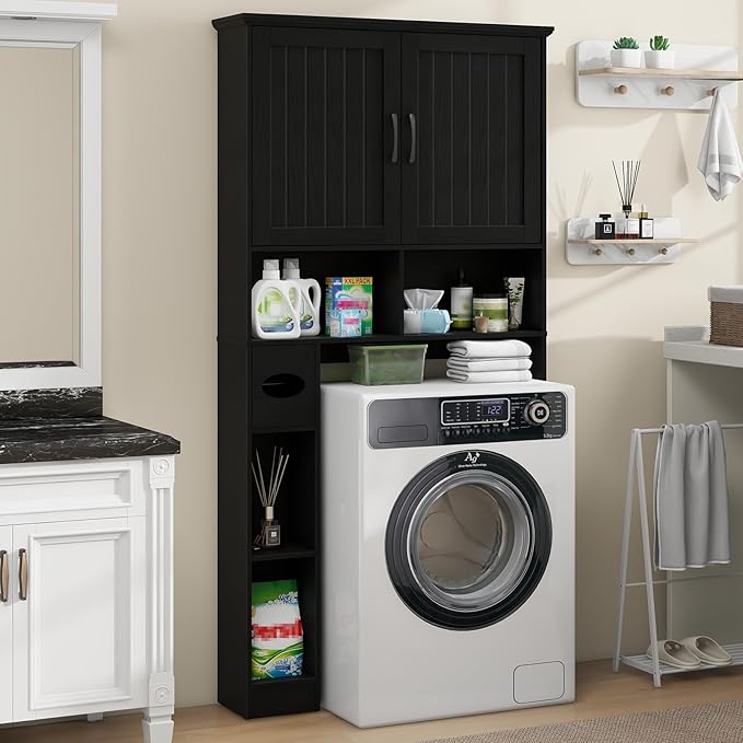 Over The Toilet Storage Cabinet, Farmhouse Storage Cabinet Over Toilet with Barn Door& Toilet Paper Holder Stand，Home Space-Saving Toilet Rack, for Bathroom, Restroom, Laundry.Pure Black