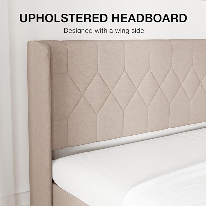 Novilla King Bed Frame, King Bed Frame with Headboard, Linen Upholstered Pull-Point Wing Side Headboard, No Box Spring Needed, Heavy Duty Feet, Easy Assembly, Beige