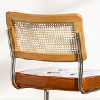 Brown Faux Leather Rattan Dining Chairs Set of 4, Wooden Mid Century Modern Dining Room Chairs, Mesh Back Cane Kitchen Chair, Cesca Design Chairs with Metal Chrome Legs