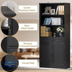 72'' Tall Bookcase with Doors and Drawers, Adjustable Shelves, P2 MDF Construction, 32'' Wide Freestanding Cabinet with Metal Handles, Hidden Storage for Living Room, Bedroom, Black