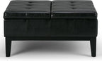 SIMPLIHOME Dover 36 inch Wide Contemporary Square Coffee Table Storage Ottoman in Midnight Black Vegan Faux Leather, Assembled, For the Living Room and Bedroom