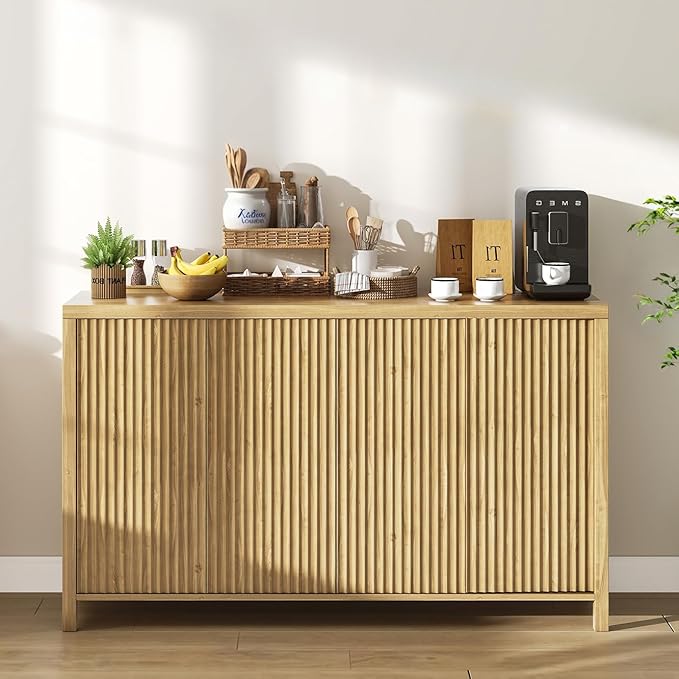 YOUDENOVA Fluted Buffet Cabinet with Storage, Modern Sideboard Cabinets with 4 Doors & Adjustable Shelves, Accent 56” Credenza Storage Cabinet, Wood Entryway Cabinet for Living Room Hallway, Natural