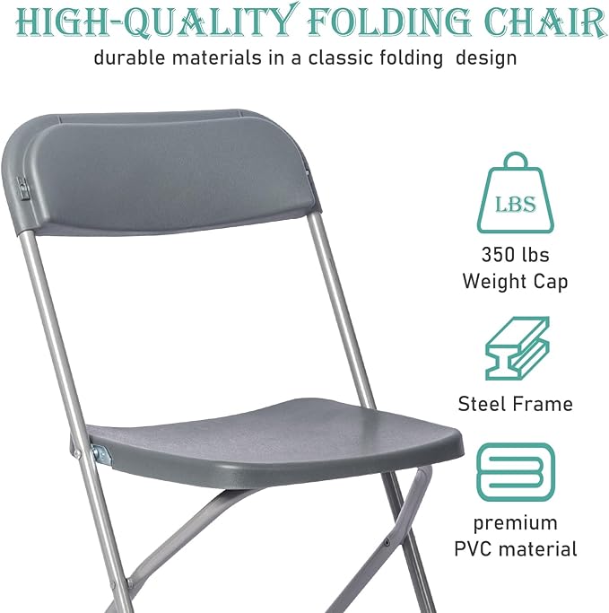 60 Pack Plastic Grey Folding Chairs,Portable Party Chairs Stackable Commercial Seats with Steel Frame for Office Home Outdoor Indoor Wedding Party Patio Dinning Events,350lbs Capacity