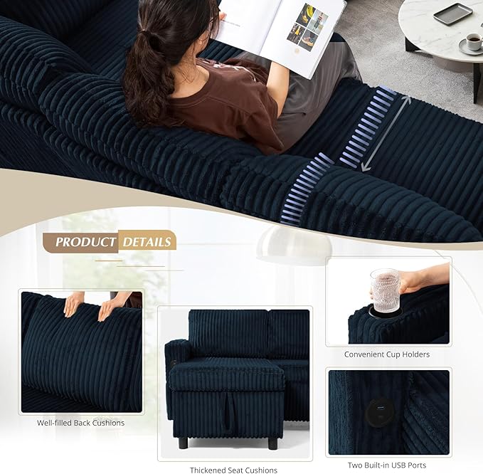 110" Corduroy Pull Out Sofa Bed w/Adjustable Backrests, Sectional U-Shape Sleeper Sofa w/Storage Chaise, Convertible Couch Bed w/USB Charging Port & Cup Holders for Living Room, House, Blue