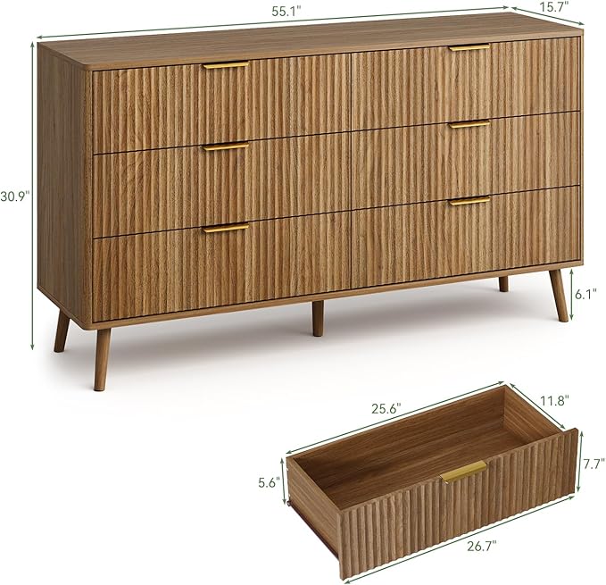 LYNSOM Fluted Dresser and Nightstand Sets 2 Piece, 1-Drawer Nightstands and 6-Drawers Dresser, Wood Bedroom Furniture Set for Home, Bedroom, Hallway, Natural Oak
