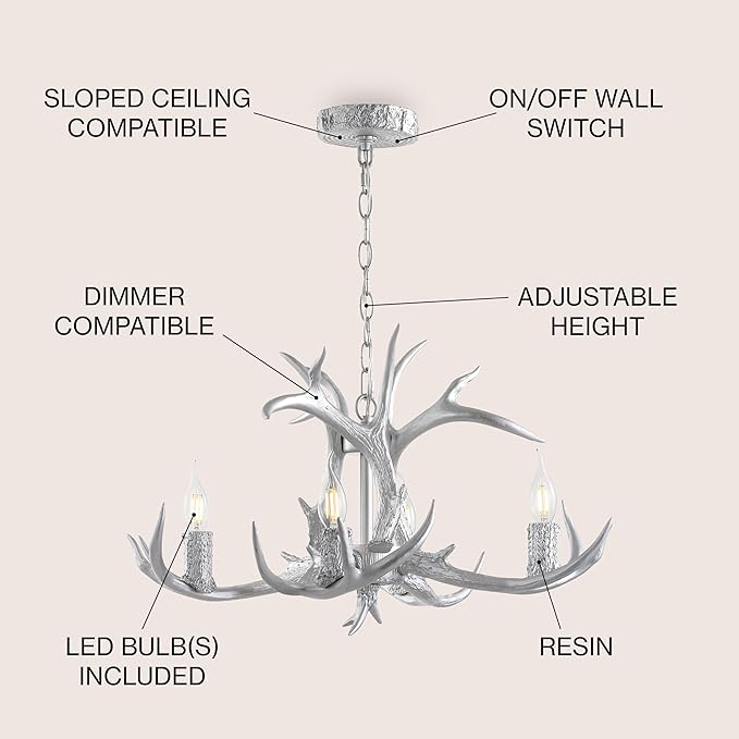 JONATHAN Y JYL6301C Eldora 26" Adjustable Resin Antler 4-Light LED Chandelier, Glam, Rustic,Cottage,Transitional, Dimmable Dining Room, Living Room, Kitchen, Foyer, Bedroom, Silver