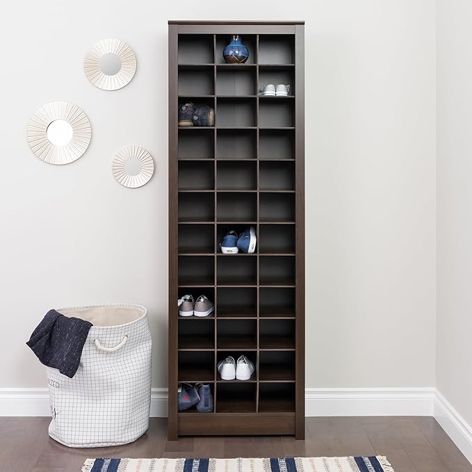 Prepac Elegant Brown Shoe Storage Cabinet, Space-Saving Solution with Cubbies for 36 Pairs, 13"D x 23.5" W x 72.5" H