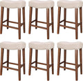 PrimeZone Counter Height Bar Stools Set of 6 - Backless Saddle Barstools with 4.3" Thick Upholstered, Nailhead Trim Linen Fabric & Solid Wood Legs, 26 Inch Counter Stools for Kitchen Island, Beige