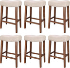PrimeZone Counter Height Bar Stools Set of 6 - Backless Saddle Barstools with 4.3" Thick Upholstered, Nailhead Trim Linen Fabric & Solid Wood Legs, 26 Inch Counter Stools for Kitchen Island, Beige