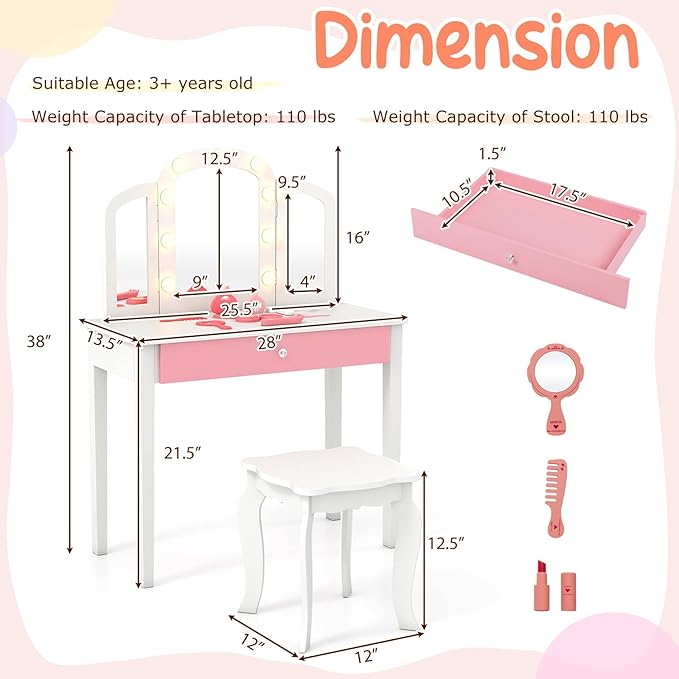 Costzon Kids Vanity, Girls Vanity Set with Mirror and Stool and Lights, Storage Drawer, Princess Toddler Makeup Vanity Desk Dressing Table, Wooden Kids Vanity Table and Chair Set (White)