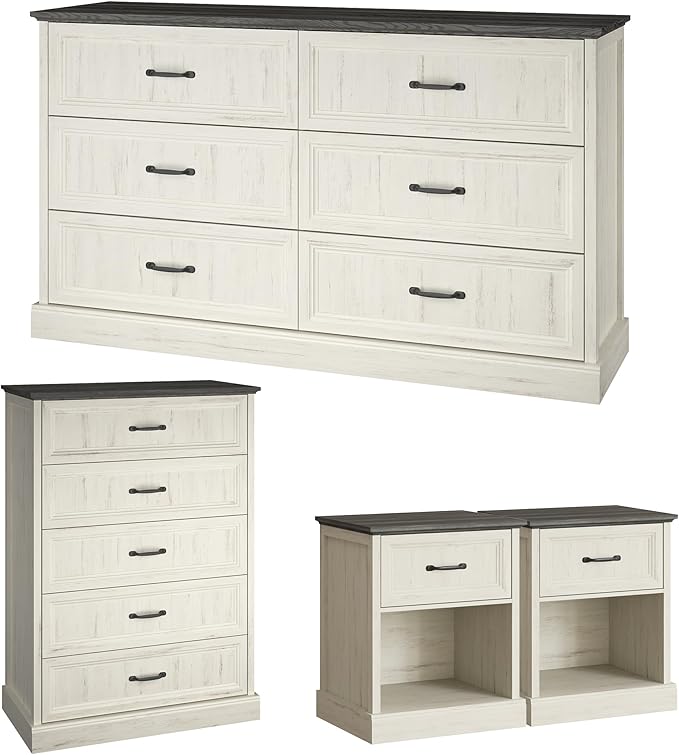 Farmhouse Dresser and Nightstand Sets, 4Pcs Bedroom Furniture Set, Nightstand Set of 2 & 55" Wide 6 Drawer and 44" Tall 5 Drawer Dresser with Large Drawers & Bar Handles, White