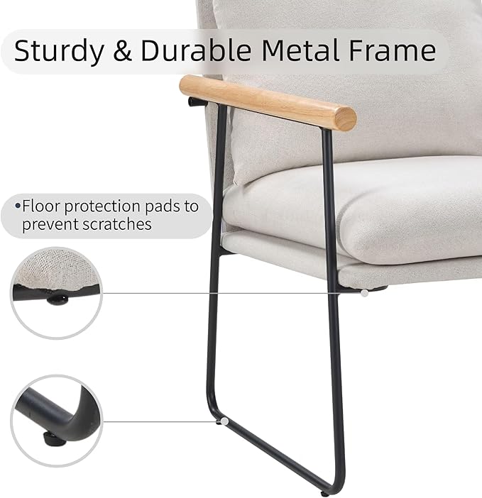Accent Chair for Living Room,Arm Chair for Bedroom,with Wooden Arms, Wide Large Plus Size Cushion,Metal Frame,Reading Bedroom Chair Armchair for Home/Office/Cafe/Apartment/Waiting Room,White