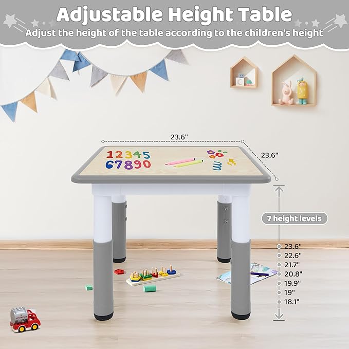Toddler Table, 7 Level Height Adjustable Kids Play Furniture for Ages 3-8, Rectangular Plastic, 23.6" W x23.6 L, Multi-Activity Desk with Graffiti Desktop for Home & Daycare