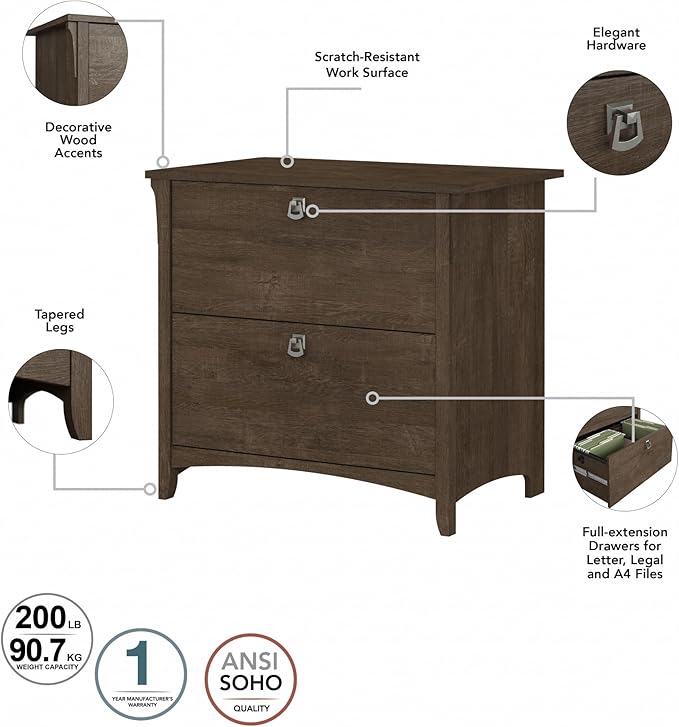 Bush Furniture Salinas 2 Drawer Lateral File Cabinet in Ash Brown, Home Office Storage Solution, Organizer with Drawers for Workspace, Filing Unit