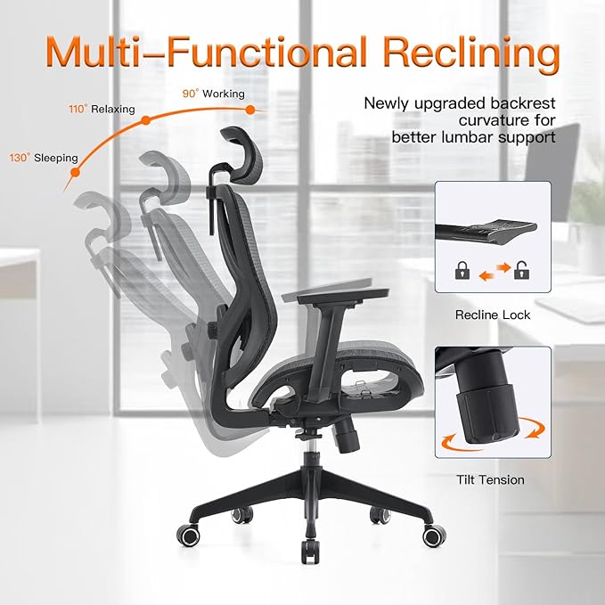 Ergonomic Office Chair with Lumbar Support, 3D Adjustable Armrest, Mesh Home Office Desk Chairs, Swivel Computer Chair, High Back Reclining Executive Office Chair,400lbs Capacity (Black)