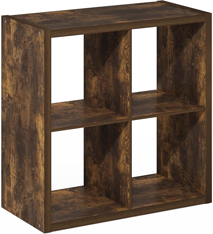 Furinno Cubicle Book Shelf, 4-Cube Bookself, Thick Frame Bookcase with Reversible Open Back, 14.6 x 30 x 30, for Living Room, Bedroom, Home Office, Amber Pine