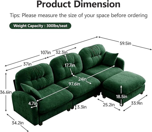 107" L Shaped Sofa for Living Room, Comfy Chenille Fabric Cloud Sectional Couch, Modern Upholstered Deep Seat Sofa with Pillow and Movable Ottoman, Oversized 3 Seater Sectional Sofa, Green