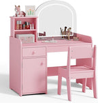 Gizoon Kids Vanity Desk with Mirror and Lights, Todder Vanity Table and Chair Set with 2 Tier Open Shelves Drawer and Cabinet, Kids Makeup Vanity for Little Girl, Pink