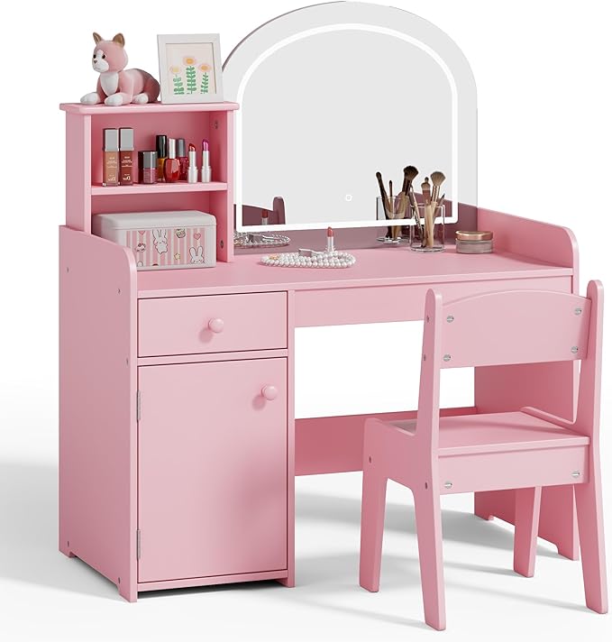 Gizoon Kids Vanity Desk with Mirror and Lights, Todder Vanity Table and Chair Set with 2 Tier Open Shelves Drawer and Cabinet, Kids Makeup Vanity for Little Girl, Pink