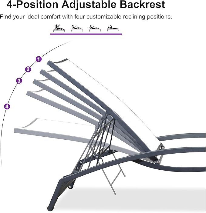 PURPLE LEAF Patio Chaise Lounge Chair Set of 2 Outdoor Lounge Chair with Arm All Weather Adjustable Lounger for Beach Pool Lawn Garden Recliner White