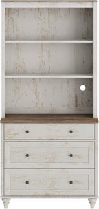 WAMPAT 3 Tier Bookshelf with 3 Drawers, 72" Tall Bookcase Large Farmhouse Display Book Case Shelf with 3-Tier Open Book Shelfs，Library Wood Bookshelves for Living Room,Kitchen, Rustic White